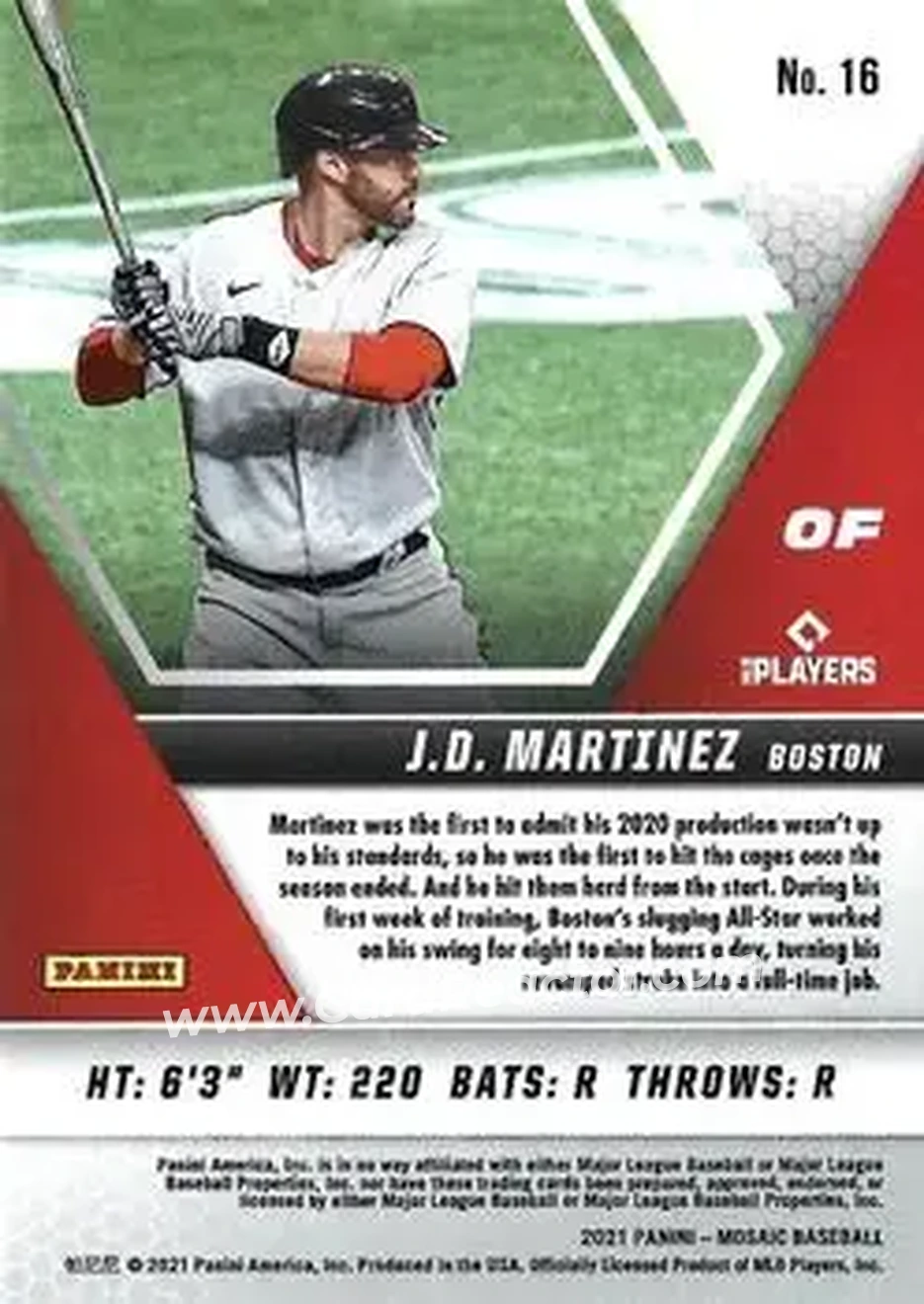 2021 Panini Mosaic #16 - J.D. Martinez - Boston Red Sox - Back 2021 Panini Mosaic #16 - J.D. Martinez - Boston Red Sox - Back