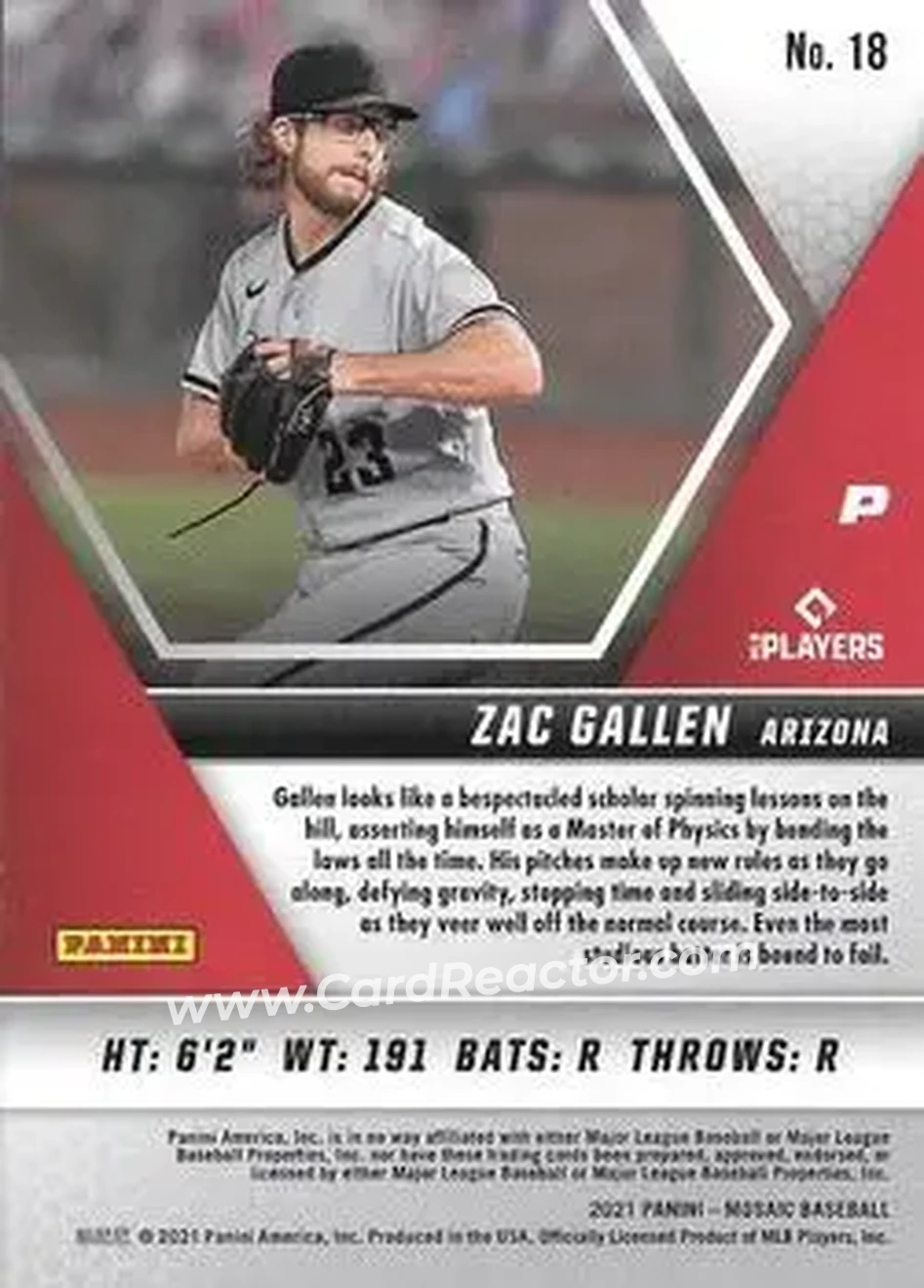 2021 Panini Mosaic #18 - Zac Gallen - Arizona Diamondbacks - Back