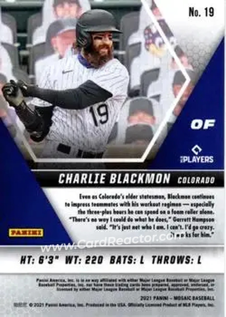 2021 Panini Mosaic #19 - Charlie Blackmon - Colorado Rockies - Back