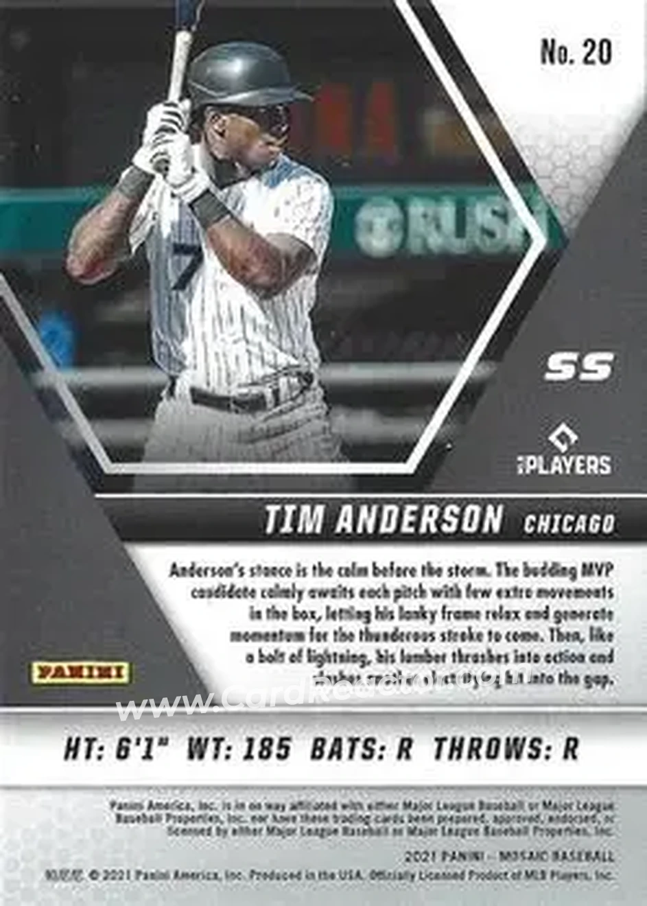 2021 Panini Mosaic #20 - Tim Anderson - Chicago White Sox - Back