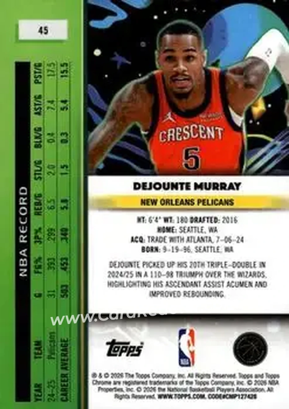 2025-26 Topps Chrome Cosmic #45 - Dejounte Murray - New Orleans Pelicans - Back 2025-26 Topps Chrome Cosmic #45 - Dejounte Murray - New Orleans Pelicans - Back