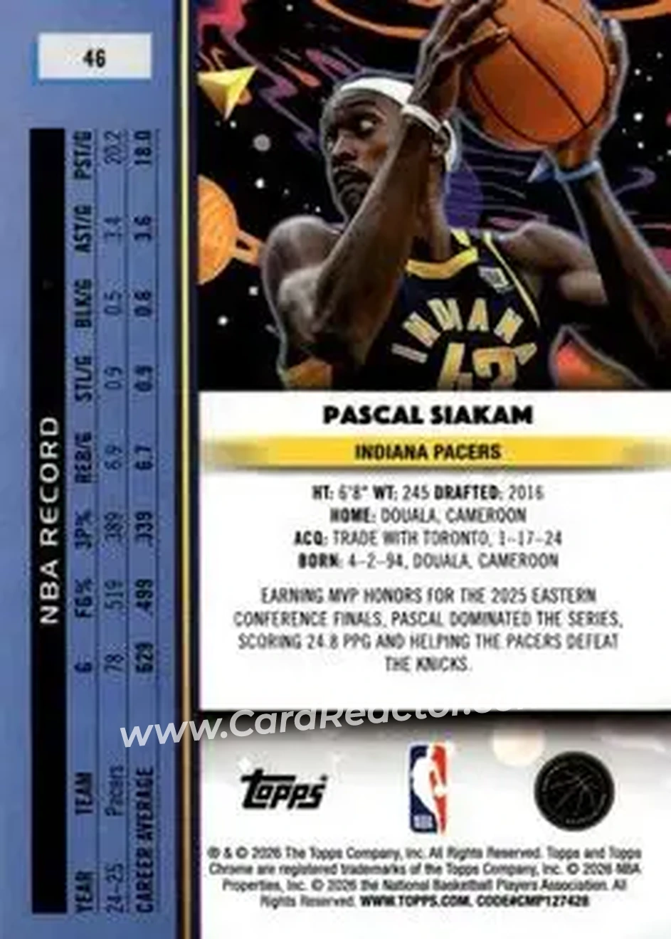 2025-26 Topps Chrome Cosmic #46 - Pascal Siakam - Indiana Pacers - Back 2025-26 Topps Chrome Cosmic #46 - Pascal Siakam - Indiana Pacers - Back