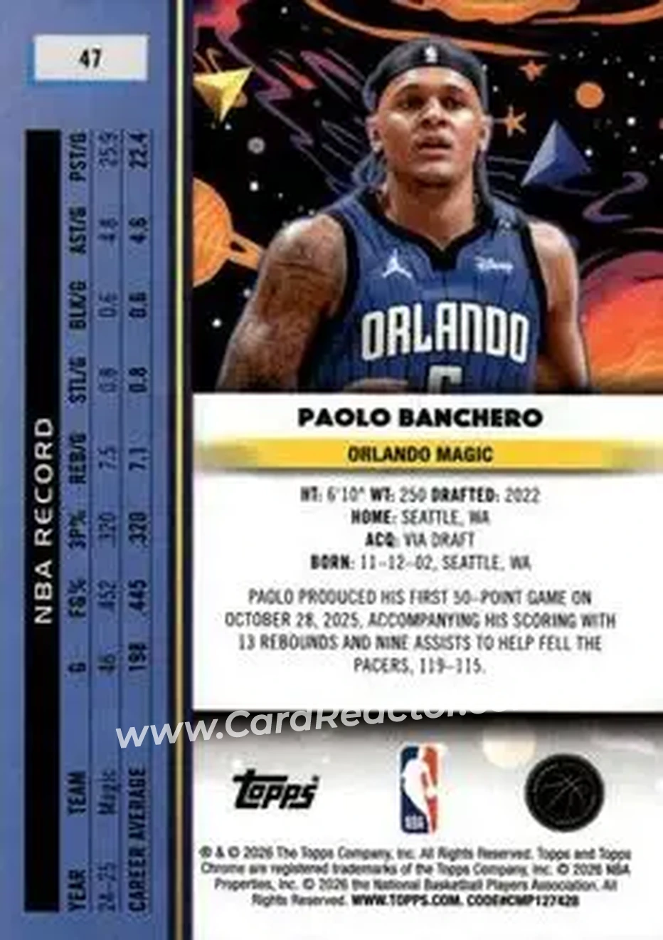 2025-26 Topps Chrome Cosmic #47 - Paolo Banchero - Orlando Magic - Back