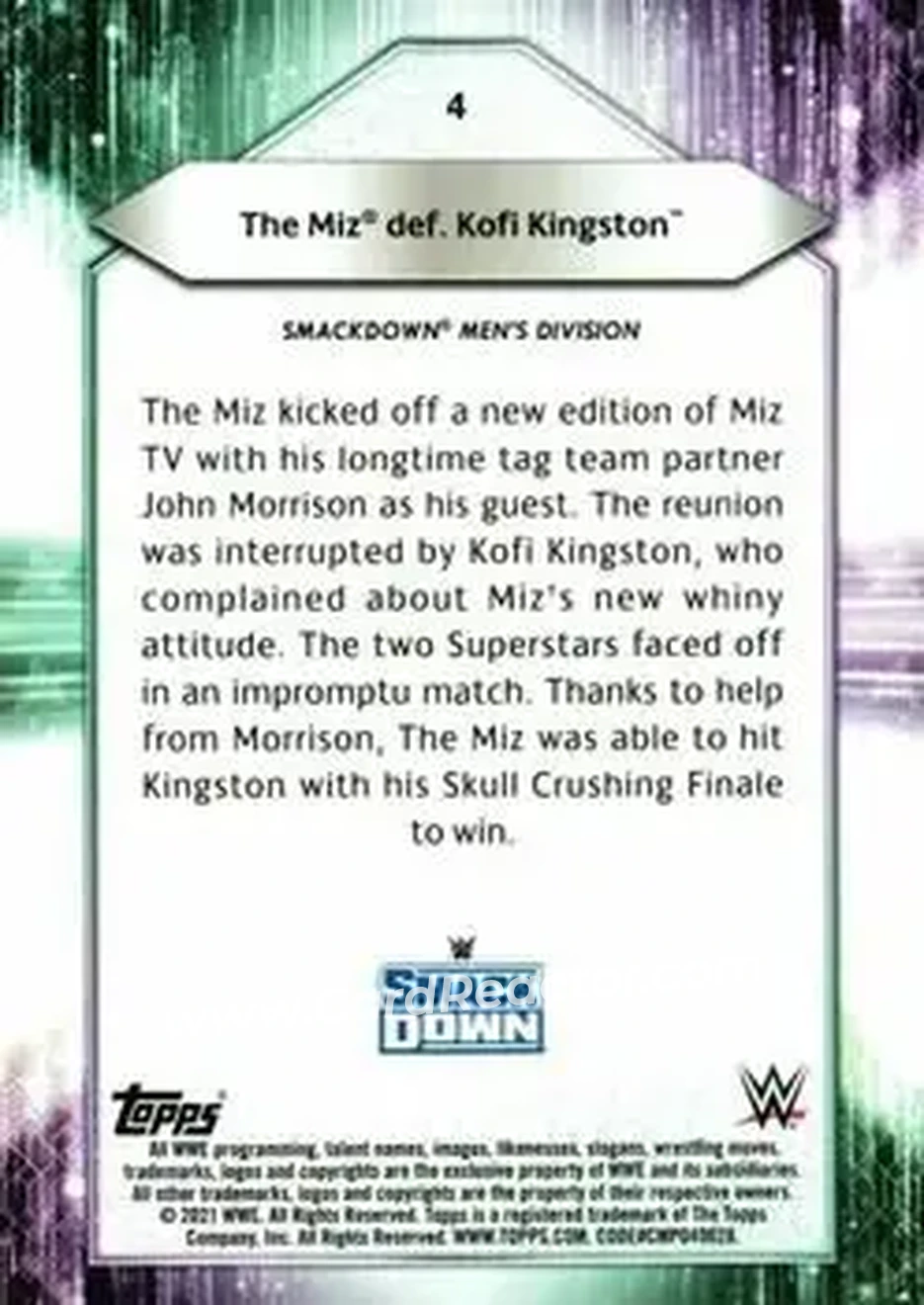 2021 Topps WWE #4 - The Miz def. Kofi Kingston - Back