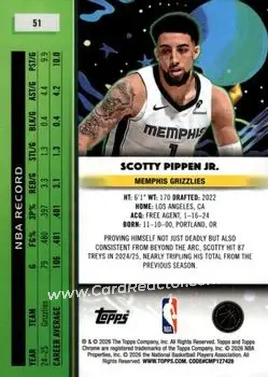 2025-26 Topps Chrome Cosmic #51 - Scotty Pippen Jr. - Memphis Grizzlies - Back