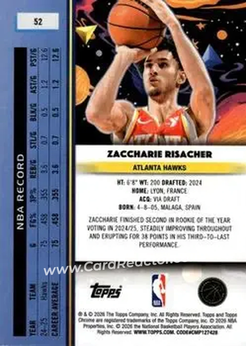 2025-26 Topps Chrome Cosmic #52 - Zaccharie Risacher - Atlanta Hawks - Back