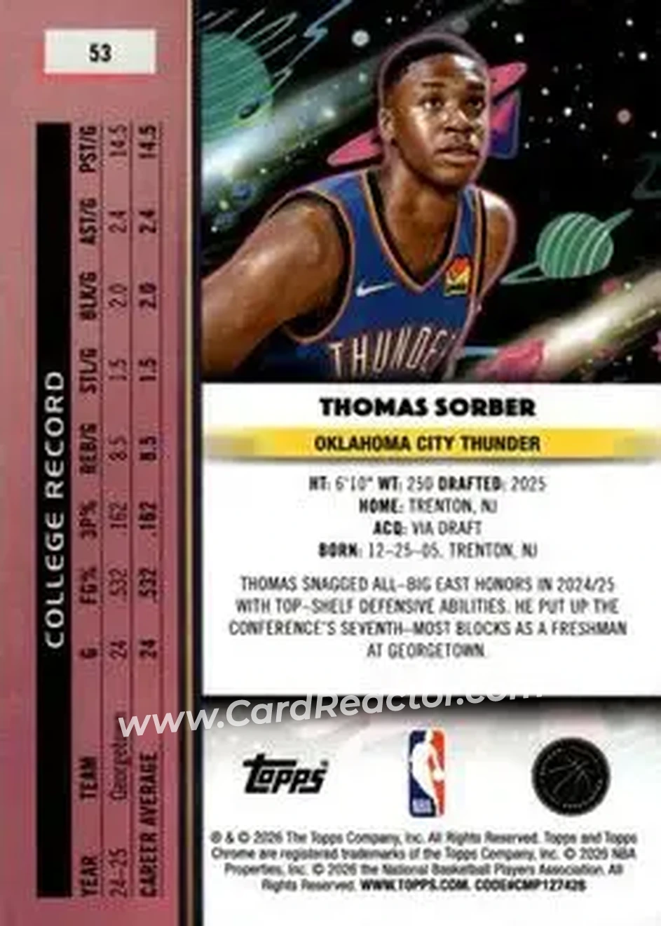 2025-26 Topps Chrome Cosmic #53 - Thomas Sorber - Oklahoma City Thunder - Back 2025-26 Topps Chrome Cosmic #53 - Thomas Sorber - Oklahoma City Thunder - Back