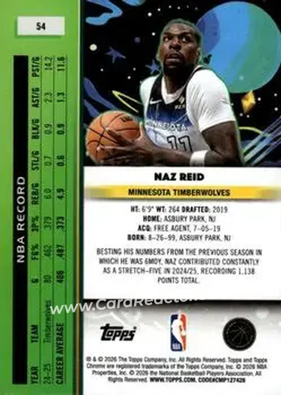 2025-26 Topps Chrome Cosmic #54 - Naz Reid - Minnesota Timberwolves - Back