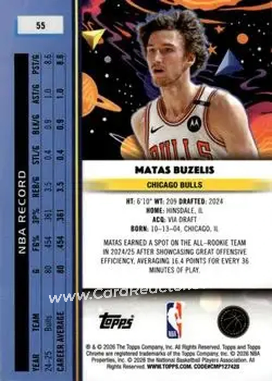 2025-26 Topps Chrome Cosmic #55 - Matas Buzelis - Chicago Bulls - Back
