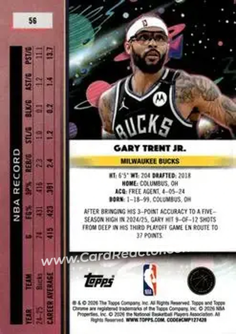 2025-26 Topps Chrome Cosmic #56 - Gary Trent Jr. - Milwaukee Bucks - Back