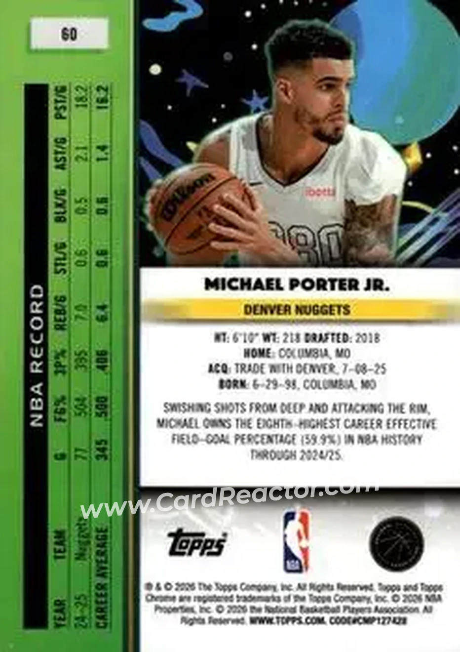 2025-26 Topps Chrome Cosmic #60 - Michael Porter Jr. - Denver Nuggets - Back