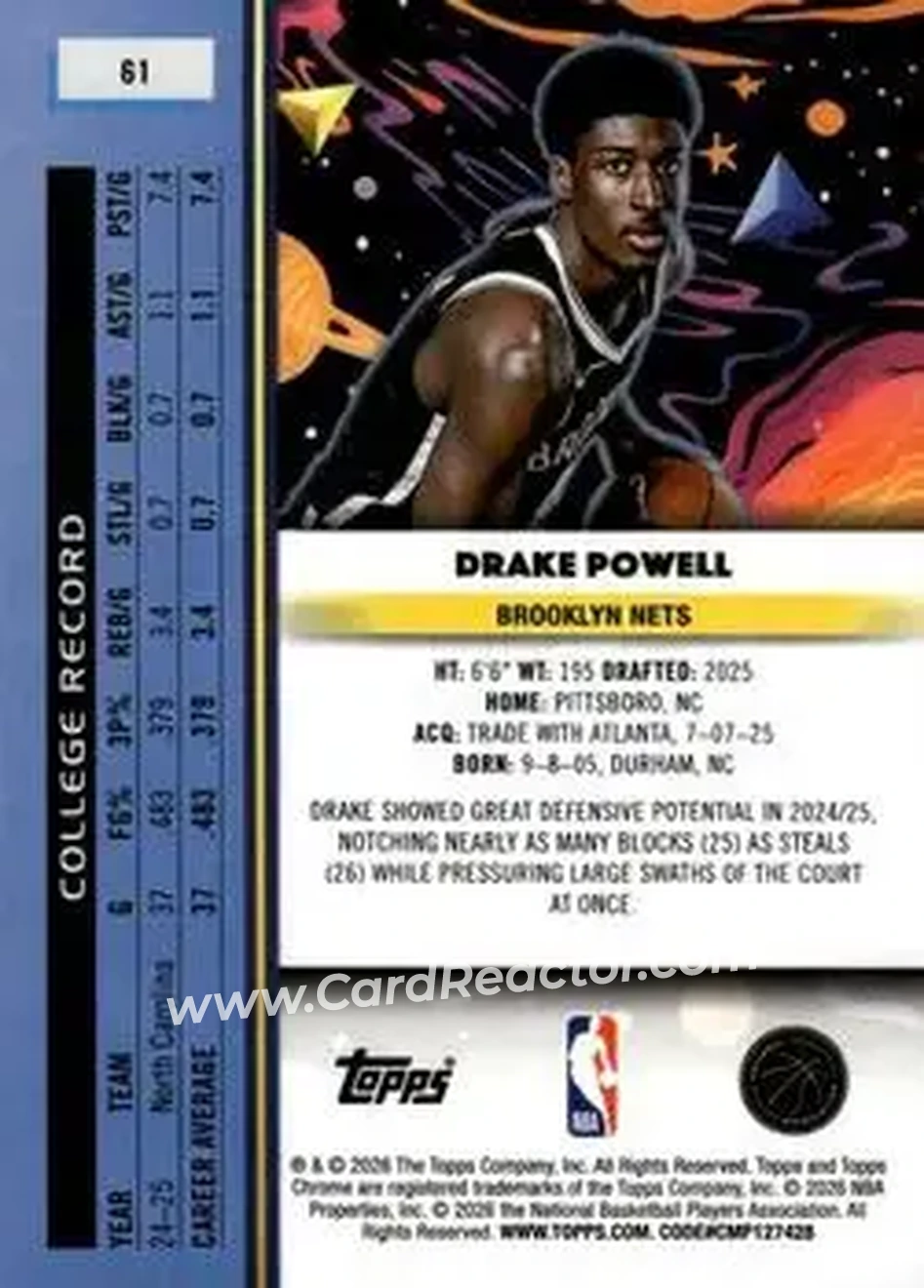 2025-26 Topps Chrome Cosmic #61 - Drake Powell - Brooklyn Nets - Back