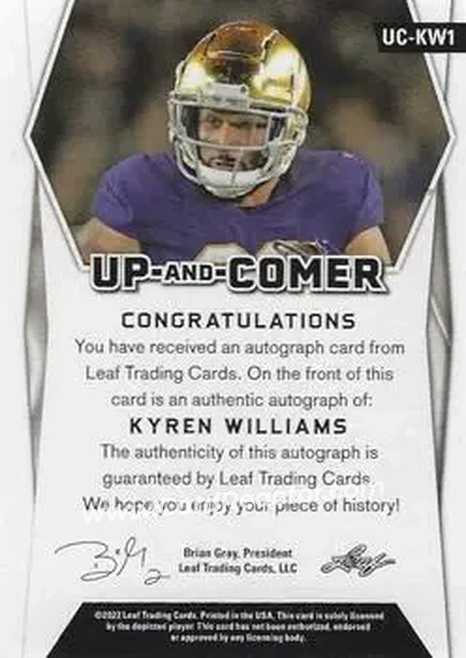 2022 Leaf Holiday Packs - Up-And-Comer #UC-KW1 - Kyren Williams - Notre Dame Fighting Irish - Back 2022 Leaf Holiday Packs - Up-And-Comer #UC-KW1 - Kyren Williams - Notre Dame Fighting Irish - Back