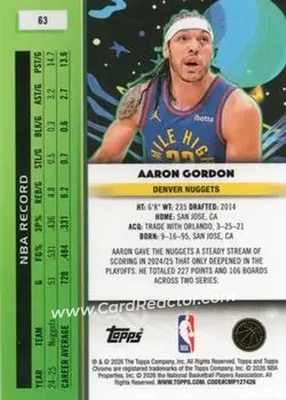 2025-26 Topps Chrome Cosmic #63 - Aaron Gordon - Denver Nuggets - Back 2025-26 Topps Chrome Cosmic #63 - Aaron Gordon - Denver Nuggets - Back