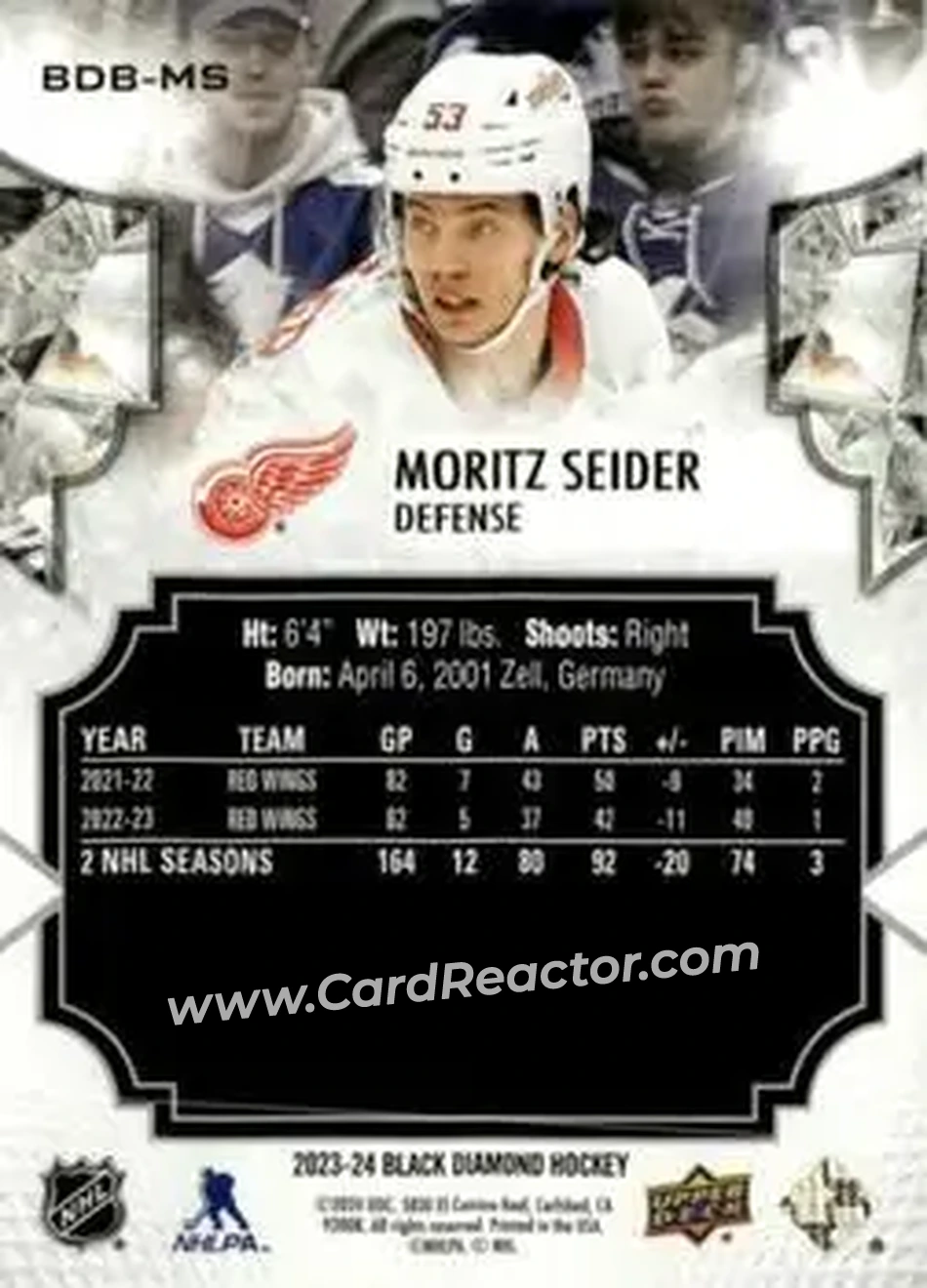 2023-24 Upper Deck Black Diamond #BDB-MS - Moritz Seider - Detroit Red Wings - Back