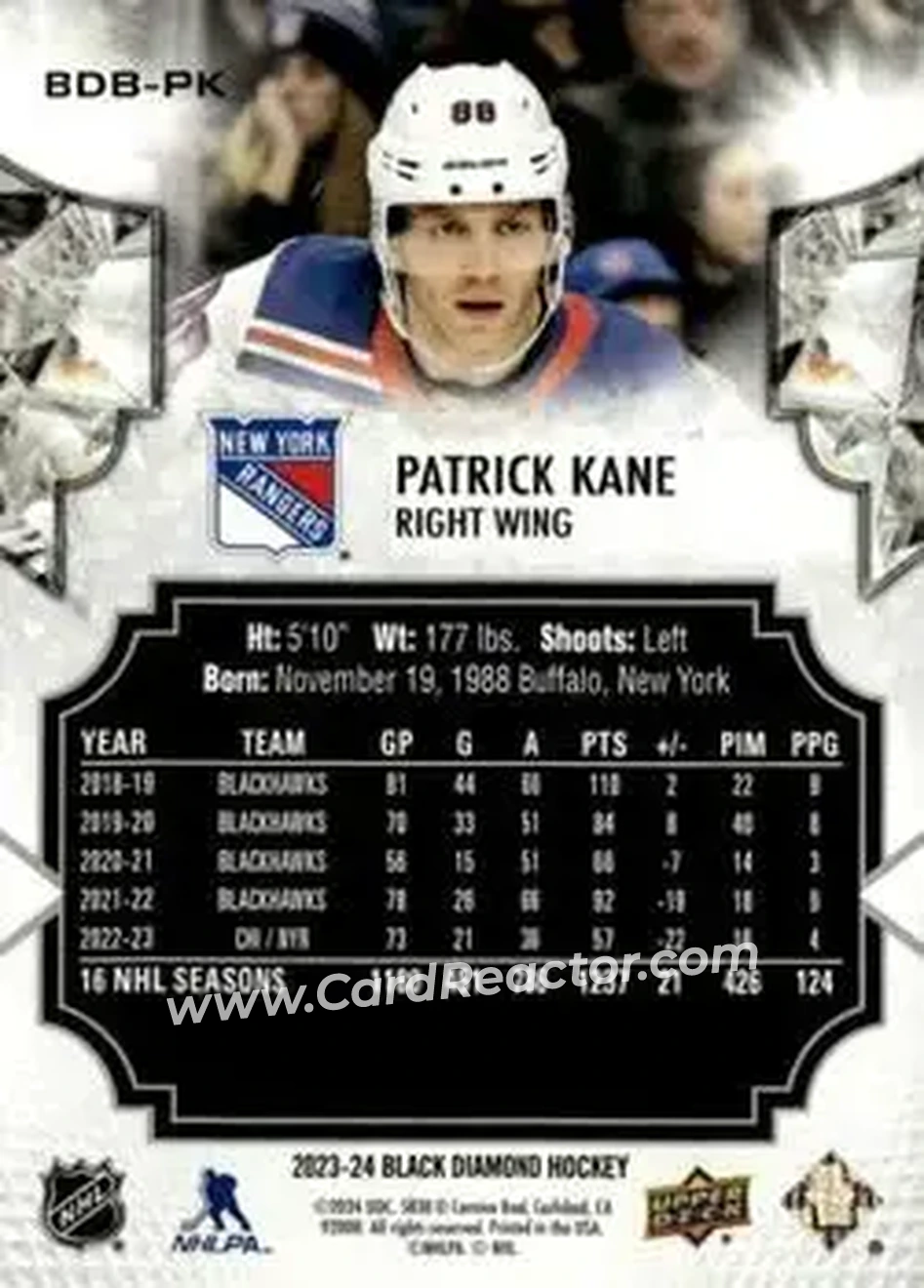 2023-24 Upper Deck Black Diamond #BDB-PK - Patrick Kane - New York Rangers - Back