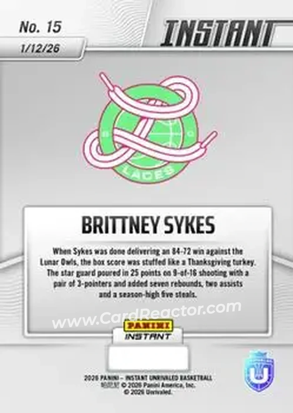2026 Panini Instant Unrivaled #15 - Brittney Sykes - Laces - Back