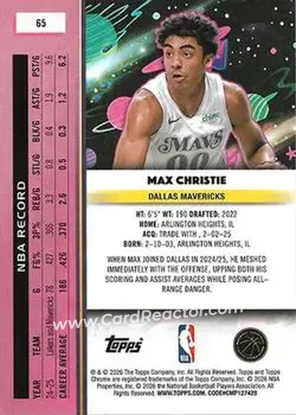 2025-26 Topps Chrome Cosmic #65 - Max Christie - Dallas Mavericks - Back