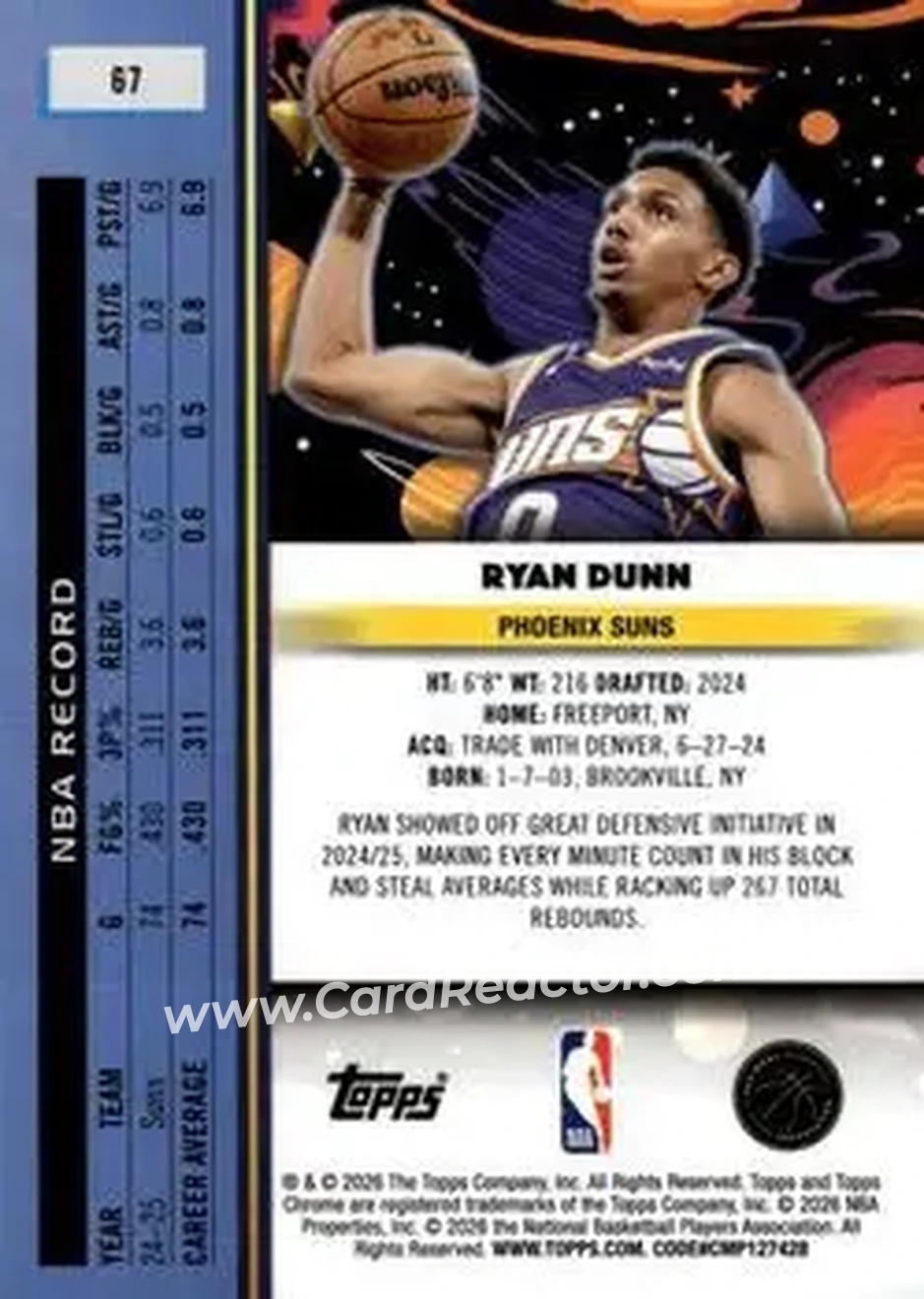 2025-26 Topps Chrome Cosmic #67 - Ryan Dunn - Phoenix Suns - Back 2025-26 Topps Chrome Cosmic #67 - Ryan Dunn - Phoenix Suns - Back