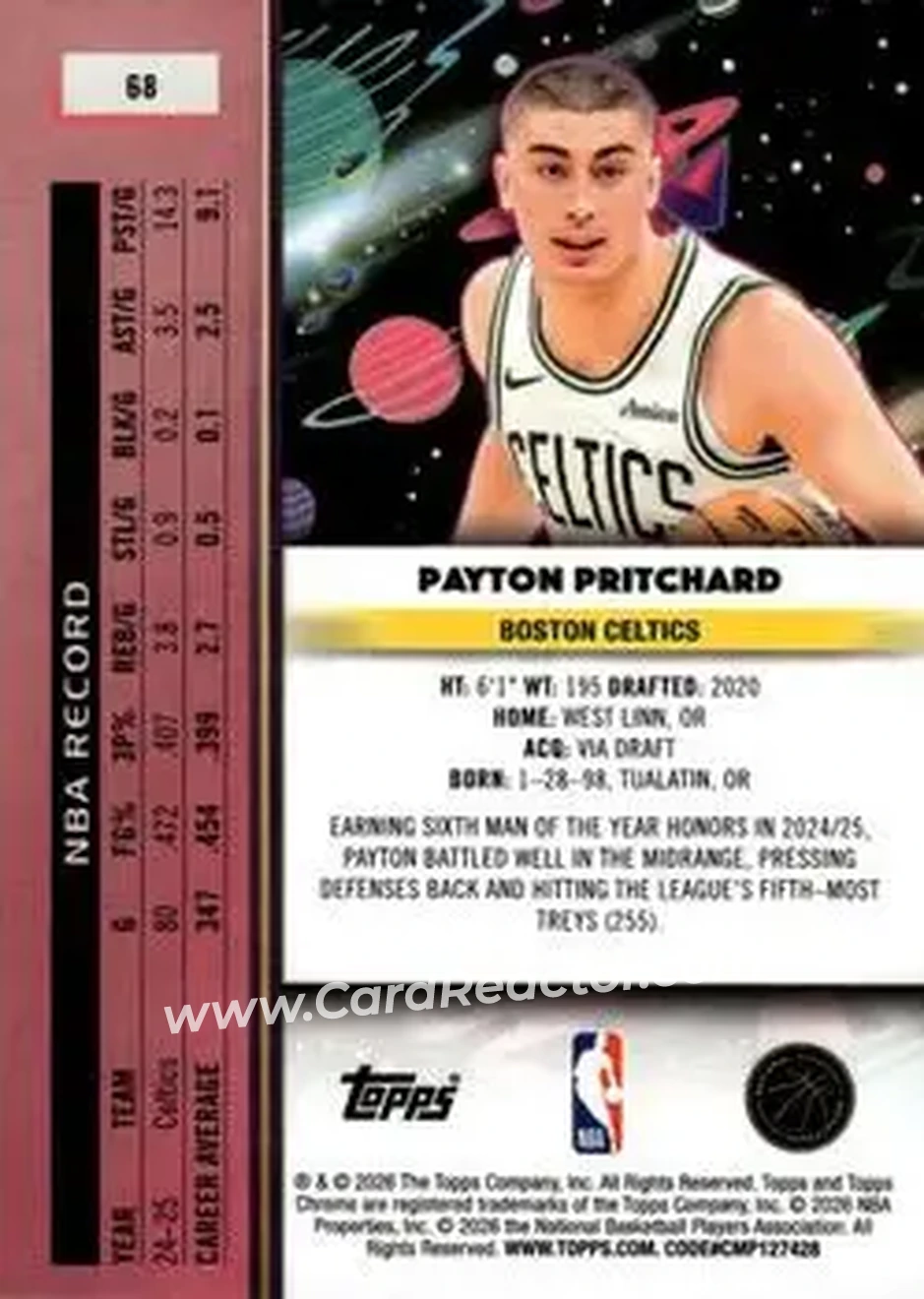 2025-26 Topps Chrome Cosmic #68 - Payton Pritchard - Boston Celtics - Back