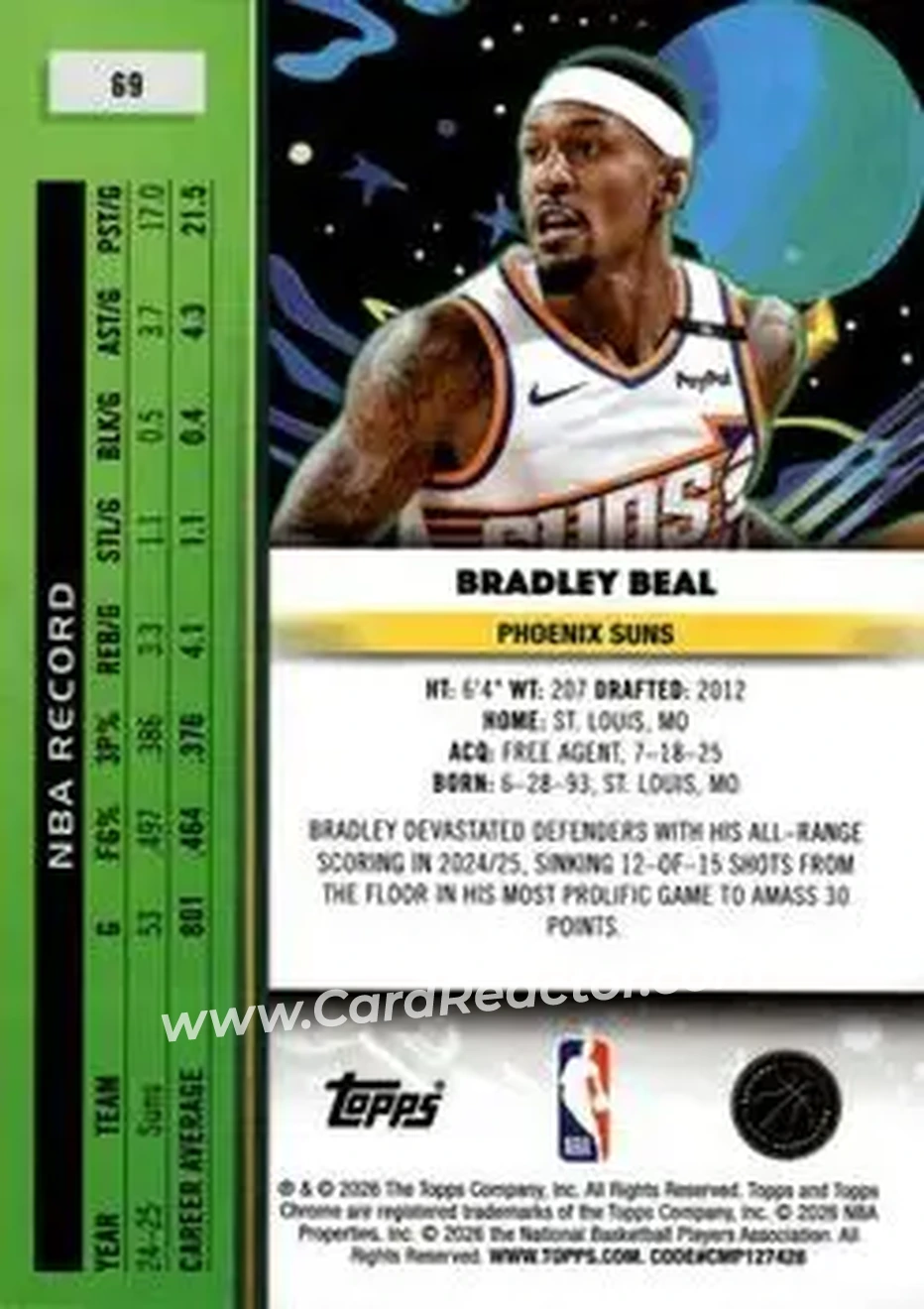 2025-26 Topps Chrome Cosmic #69 - Bradley Beal - Phoenix Suns - Back