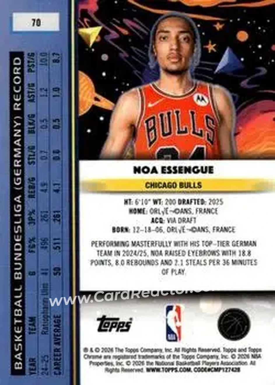2025-26 Topps Chrome Cosmic #70 - Noa Essengue - Chicago Bulls - Back