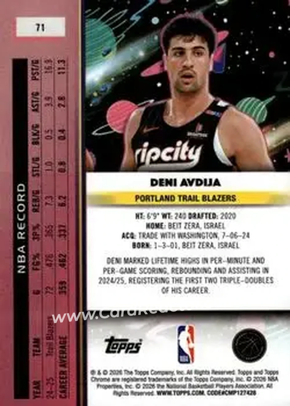 2025-26 Topps Chrome Cosmic #71 - Deni Avdija - Portland Trail Blazers - Back 2025-26 Topps Chrome Cosmic #71 - Deni Avdija - Portland Trail Blazers - Back