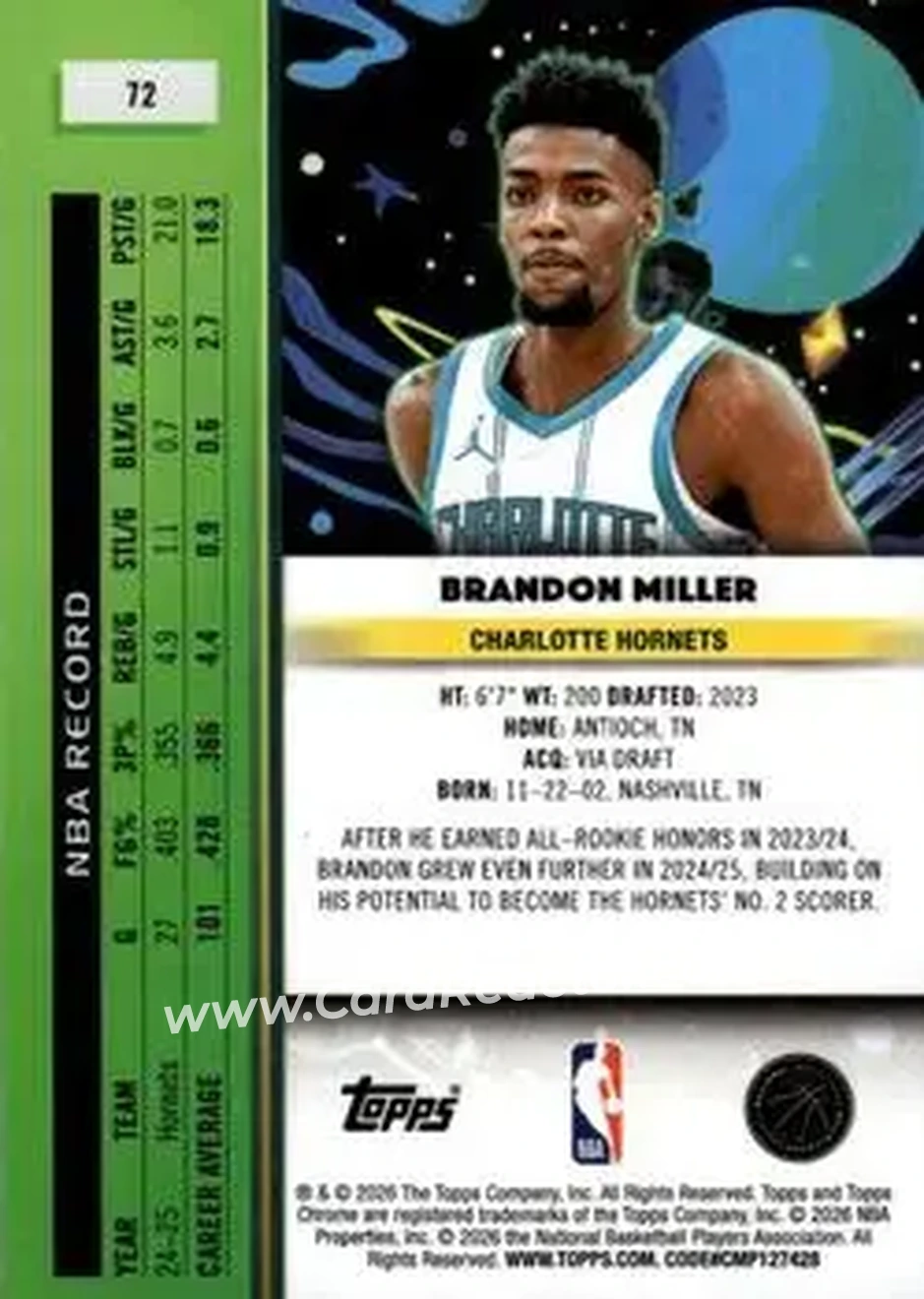 2025-26 Topps Chrome Cosmic #72 - Brandon Miller - Charlotte Hornets - Back 2025-26 Topps Chrome Cosmic #72 - Brandon Miller - Charlotte Hornets - Back