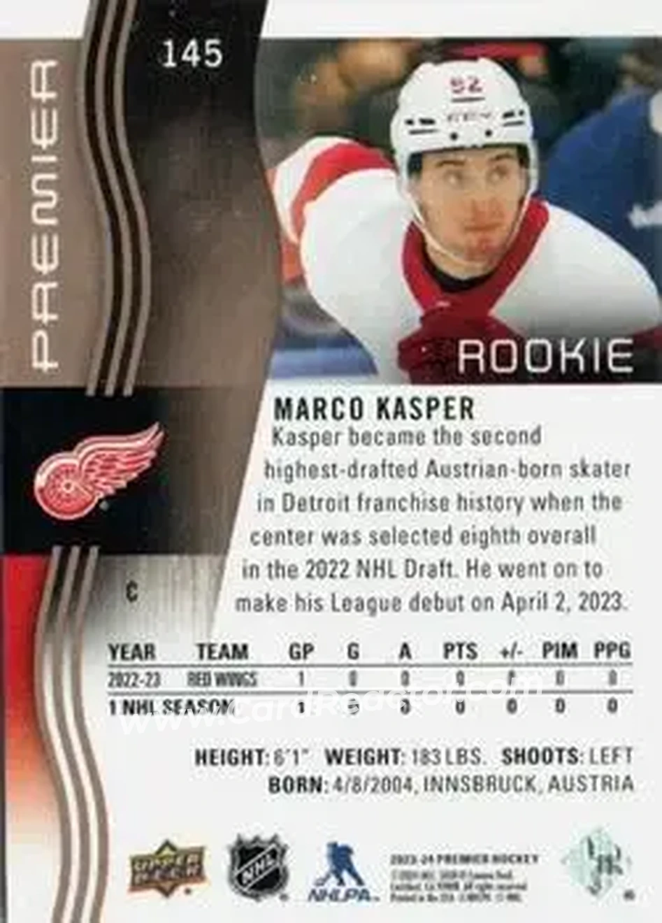 2023-24 Upper Deck Premier - Bronze #145 - Marco Kasper - Detroit Red Wings - Back