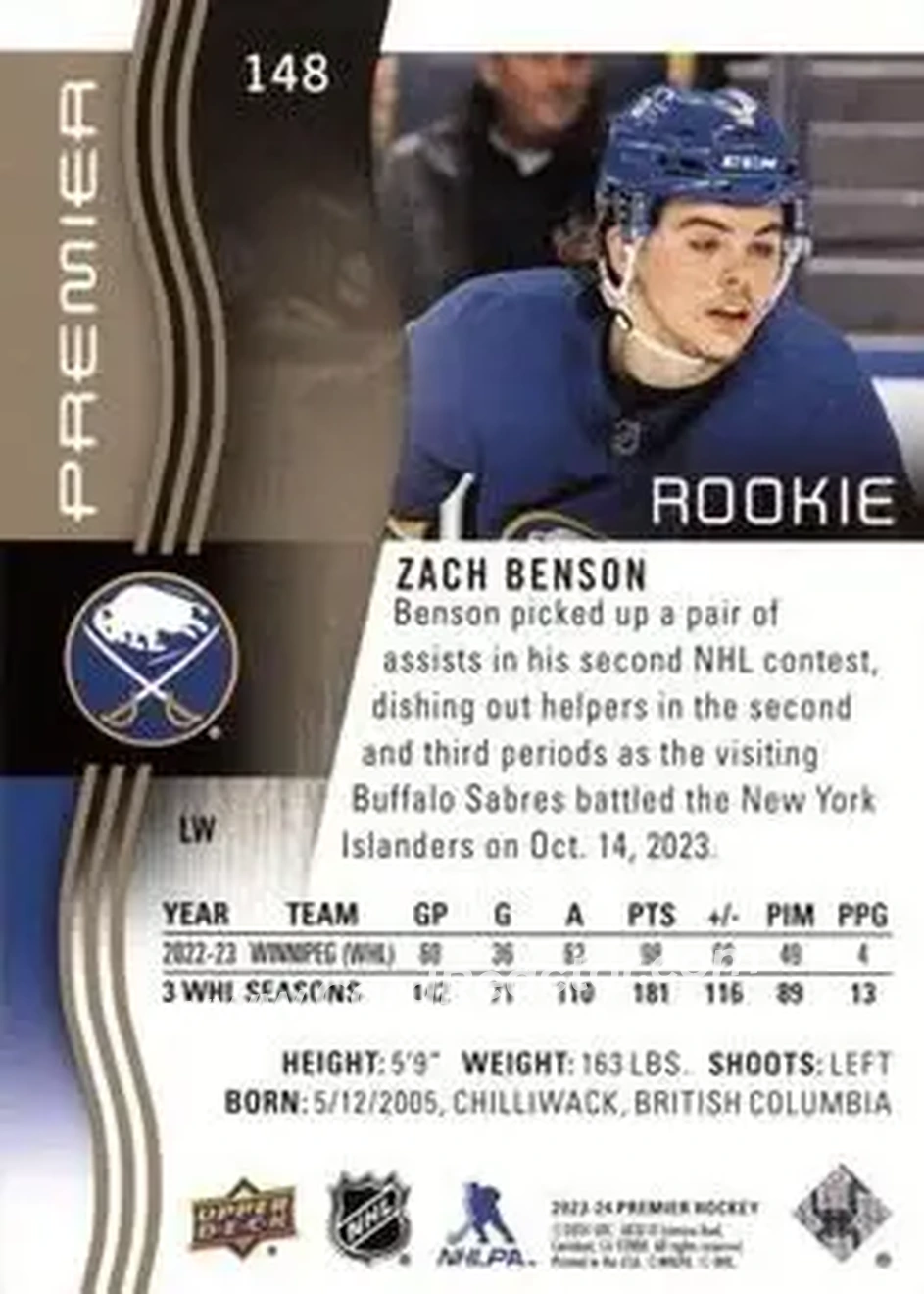2023-24 Upper Deck Premier - Bronze #148 - Zach Benson - Buffalo Sabres - Back