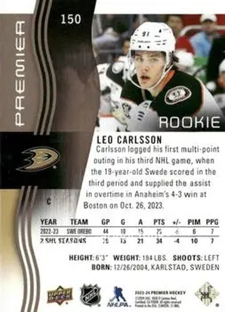 2023-24 Upper Deck Premier - Bronze #150 - Leo Carlsson - Anaheim Ducks - Back