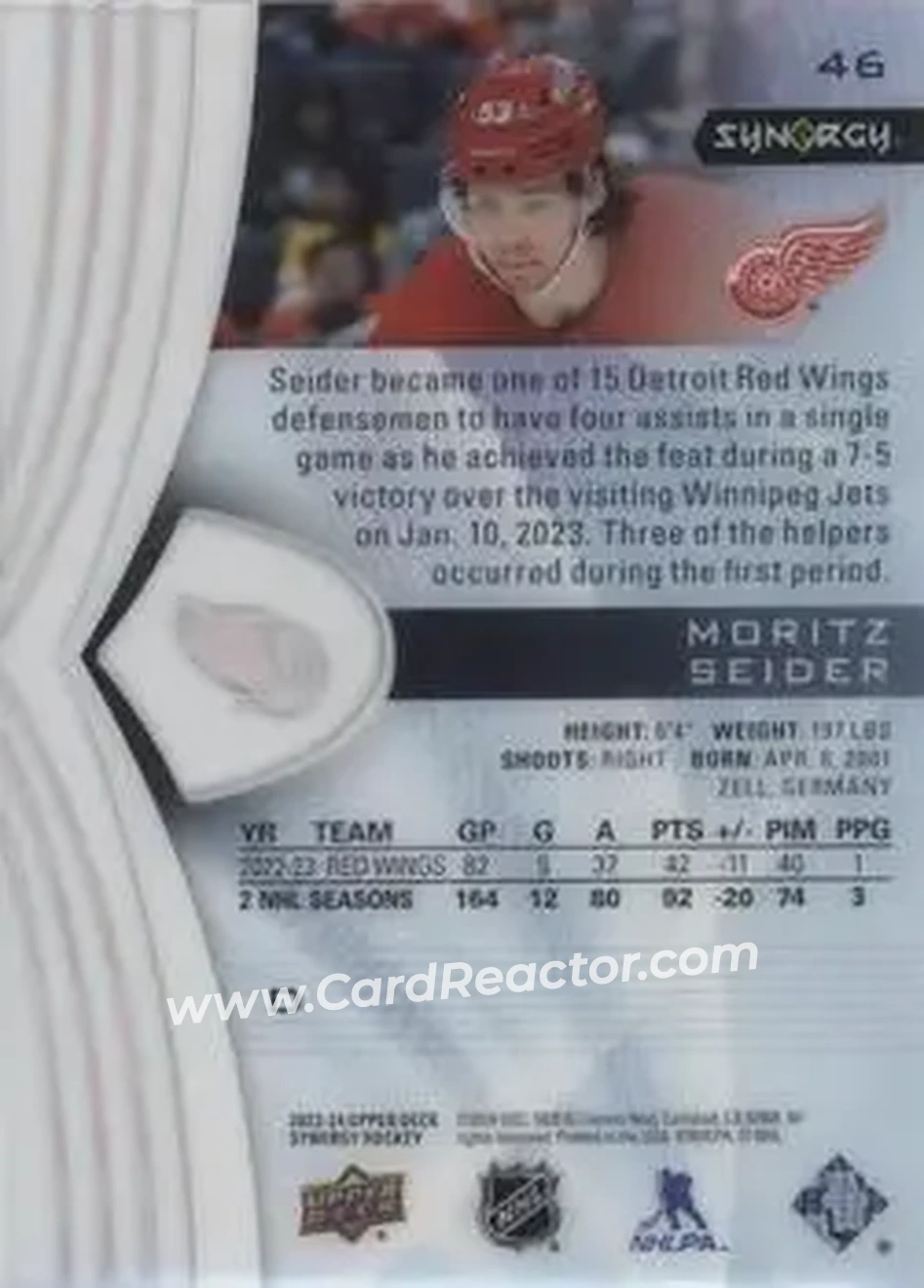 2023-24 Upper Deck Synergy #46 - Moritz Seider - Detroit Red Wings - Back