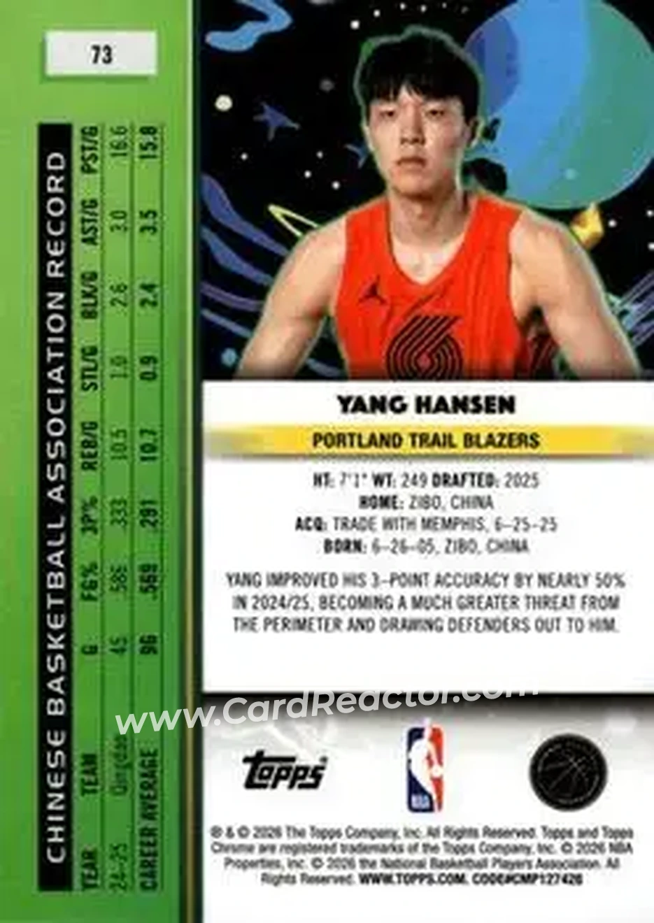2025-26 Topps Chrome Cosmic #73 - Yang Hansen - Portland Trail Blazers - Back 2025-26 Topps Chrome Cosmic #73 - Yang Hansen - Portland Trail Blazers - Back