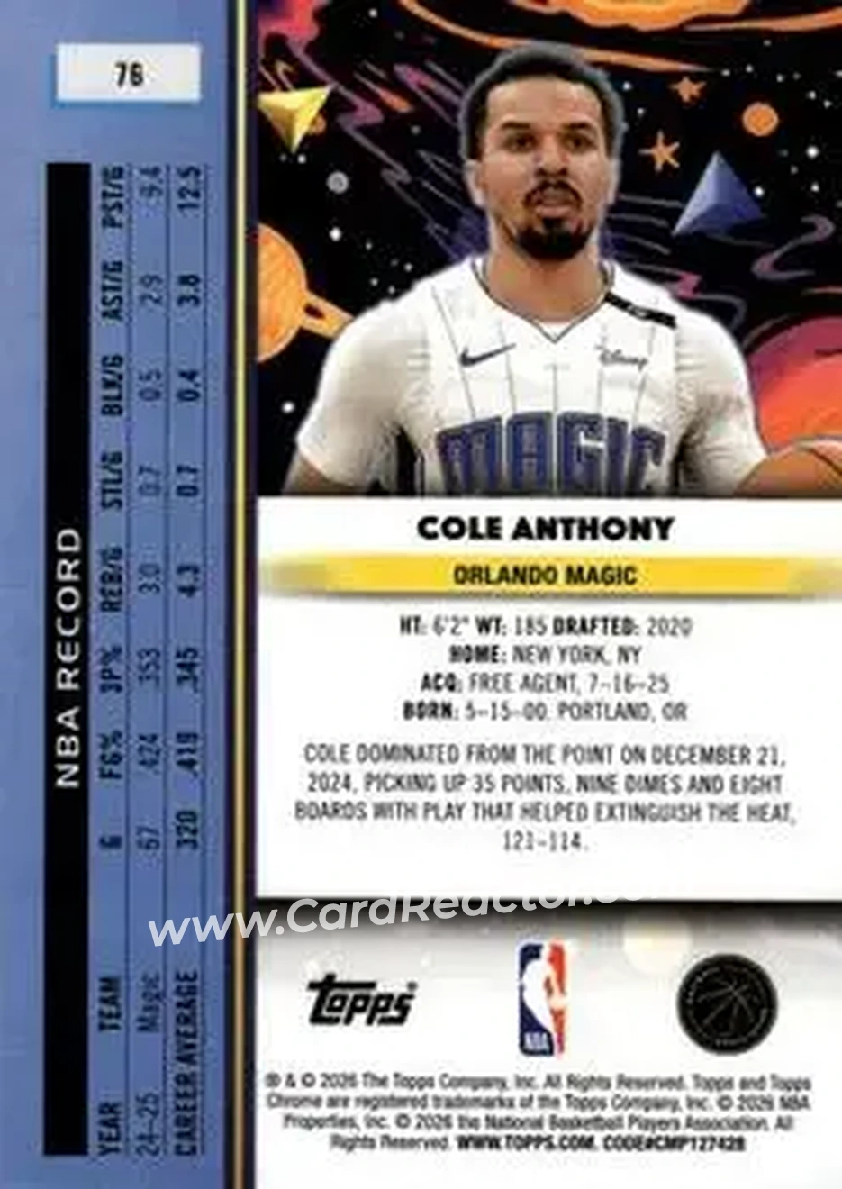 2025-26 Topps Chrome Cosmic #76 - Cole Anthony - Orlando Magic - Back 2025-26 Topps Chrome Cosmic #76 - Cole Anthony - Orlando Magic - Back