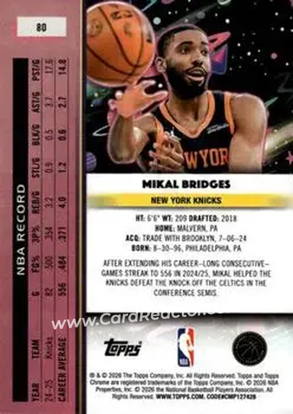 2025-26 Topps Chrome Cosmic #80 - Mikal Bridges - New York Knicks - Back