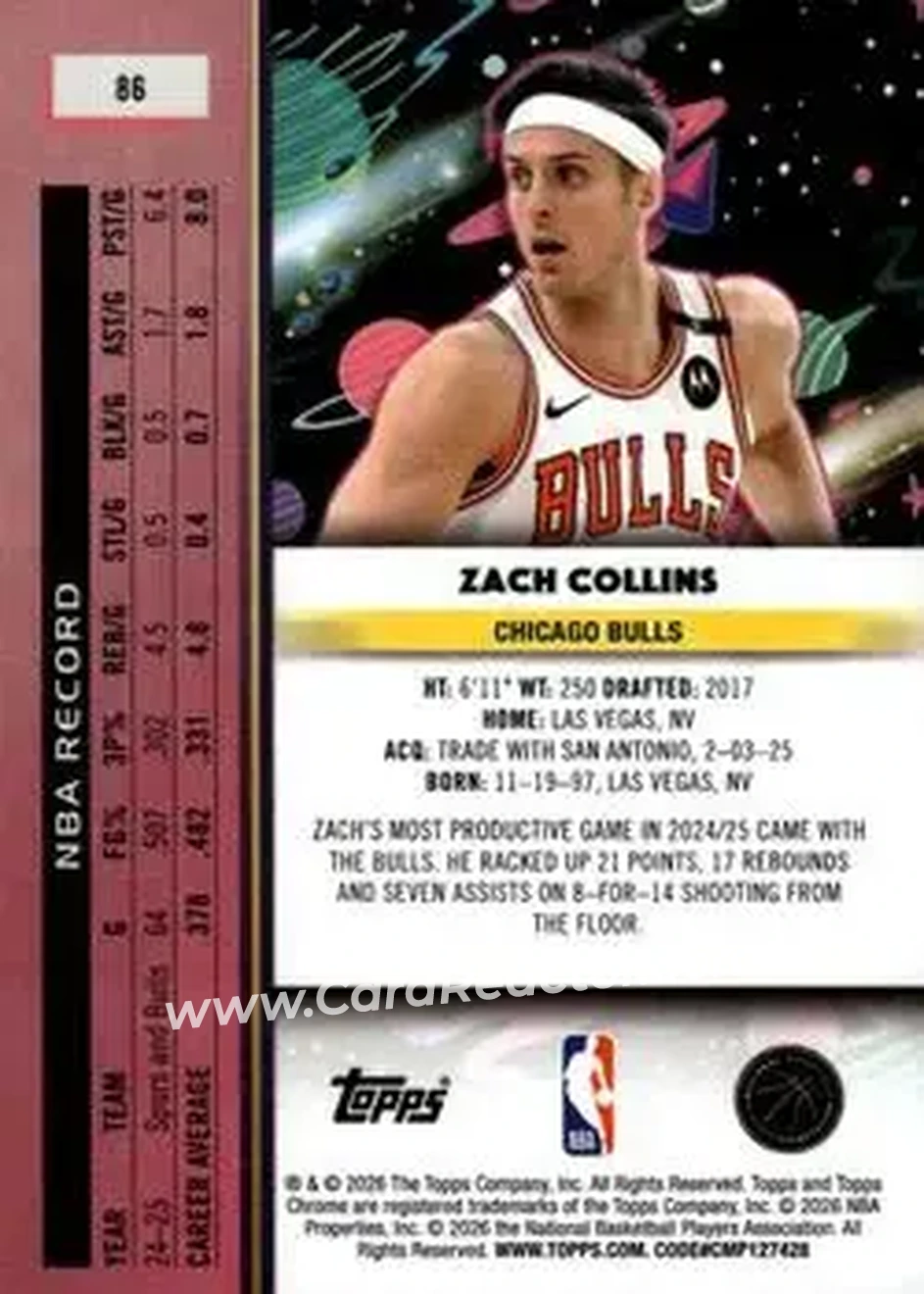 2025-26 Topps Chrome Cosmic #86 - Zach Collins - Chicago Bulls - Back