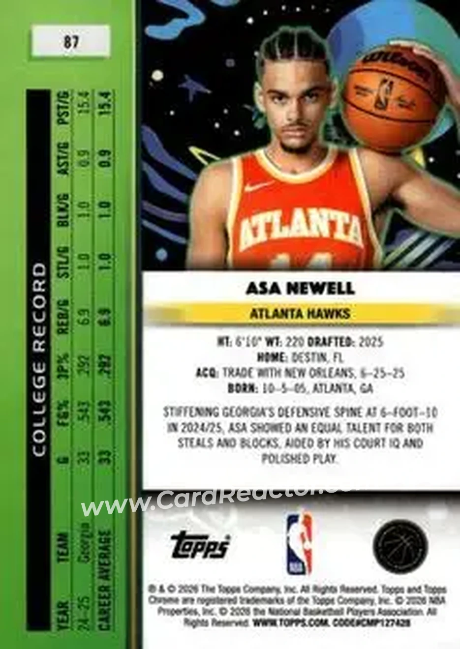 2025-26 Topps Chrome Cosmic #87 - Asa Newell - Atlanta Hawks - Back