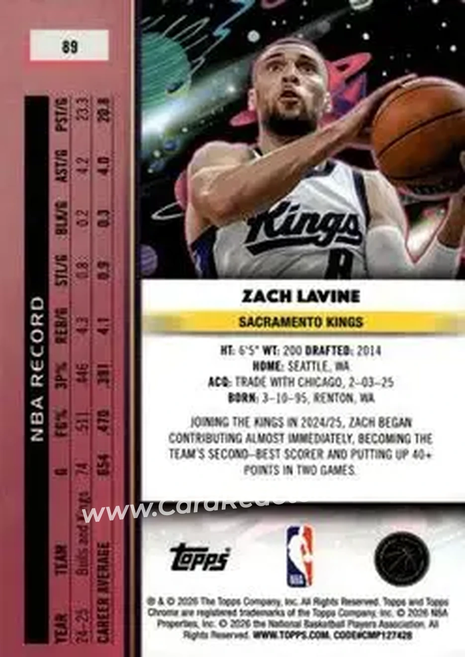 2025-26 Topps Chrome Cosmic #89 - Zach LaVine - Sacramento Kings - Back