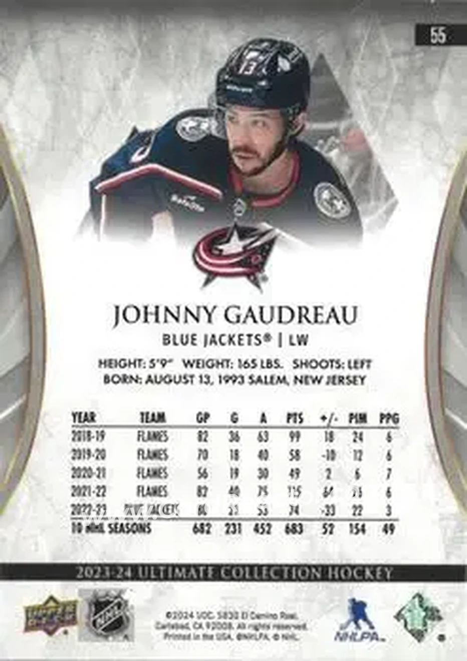 2023-24 Upper Deck Ultimate Collection - Blue #55 - Johnny Gaudreau - Columbus Blue Jackets - Back