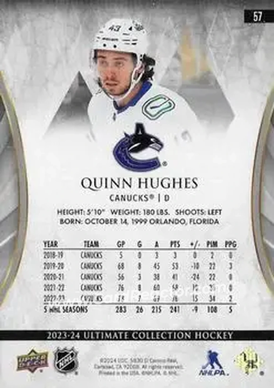 2023-24 Upper Deck Ultimate Collection - Blue #57 - Quinn Hughes - Vancouver Canucks - Back 2023-24 Upper Deck Ultimate Collection - Blue #57 - Quinn Hughes - Vancouver Canucks - Back