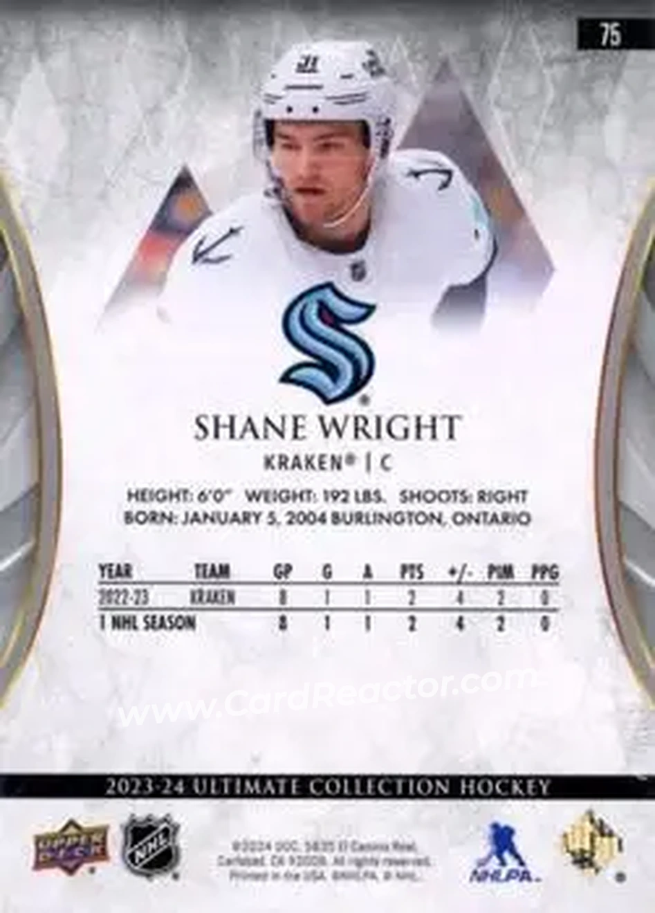 2023-24 Upper Deck Ultimate Collection - Blue #75 - Shane Wright - Seattle Kraken - Back