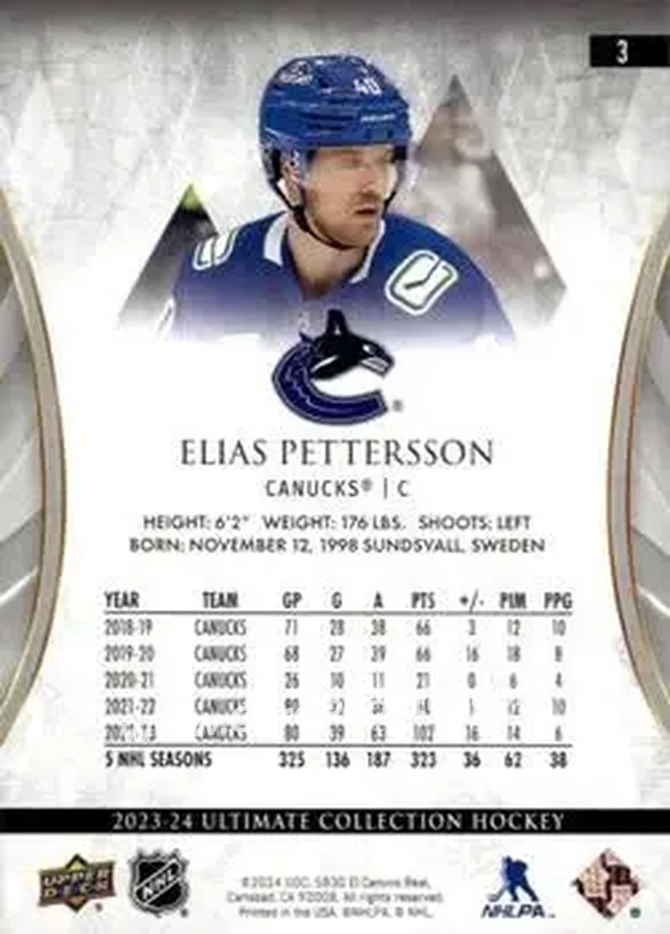 2023-24 Upper Deck Ultimate Collection - Gold #3 - Elias Pettersson - Vancouver Canucks - Back 2023-24 Upper Deck Ultimate Collection - Gold #3 - Elias Pettersson - Vancouver Canucks - Back