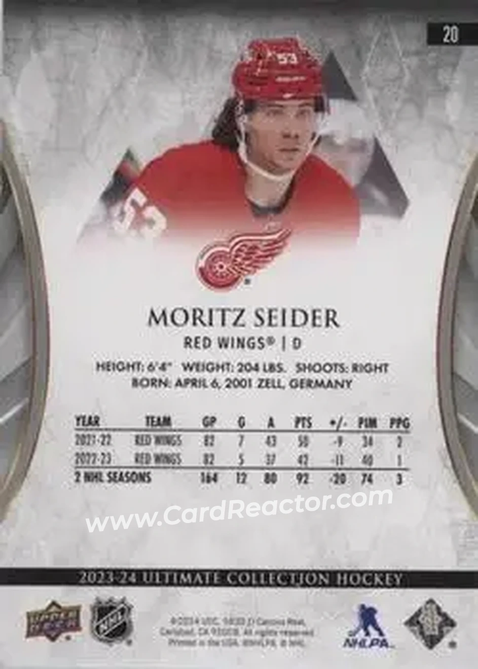 2023-24 Upper Deck Ultimate Collection - Gold #20 - Moritz Seider - Detroit Red Wings - Back 2023-24 Upper Deck Ultimate Collection - Gold #20 - Moritz Seider - Detroit Red Wings - Back
