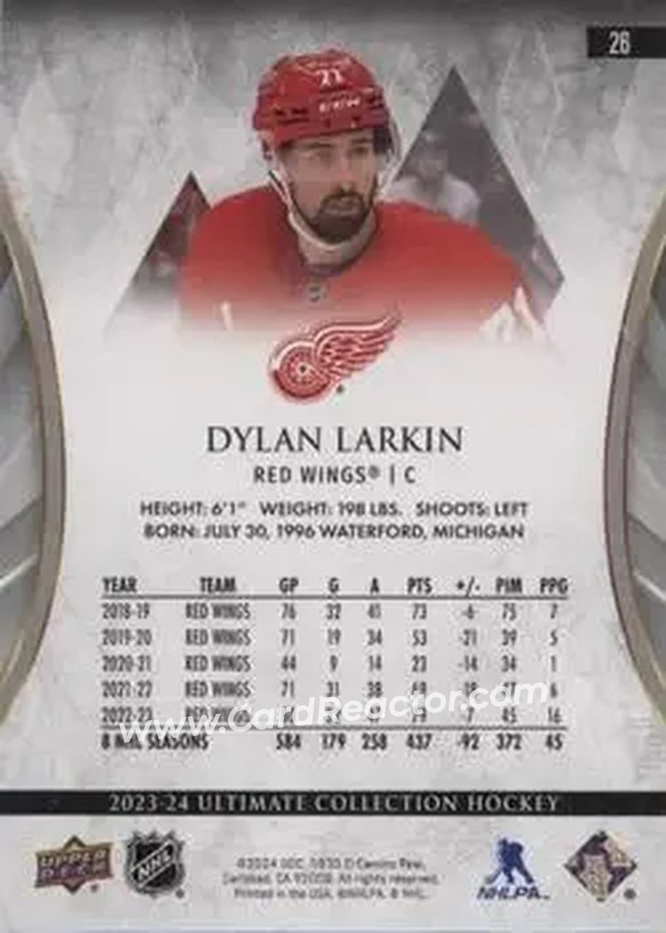 2023-24 Upper Deck Ultimate Collection - Gold #26 - Dylan Larkin - Detroit Red Wings - Back