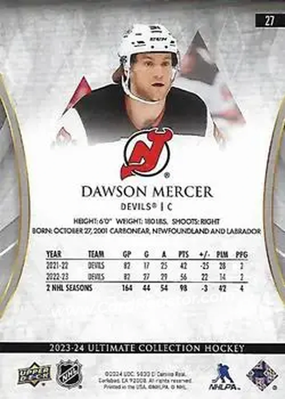 2023-24 Upper Deck Ultimate Collection - Gold #27 - Dawson Mercer - New Jersey Devils - Back 2023-24 Upper Deck Ultimate Collection - Gold #27 - Dawson Mercer - New Jersey Devils - Back