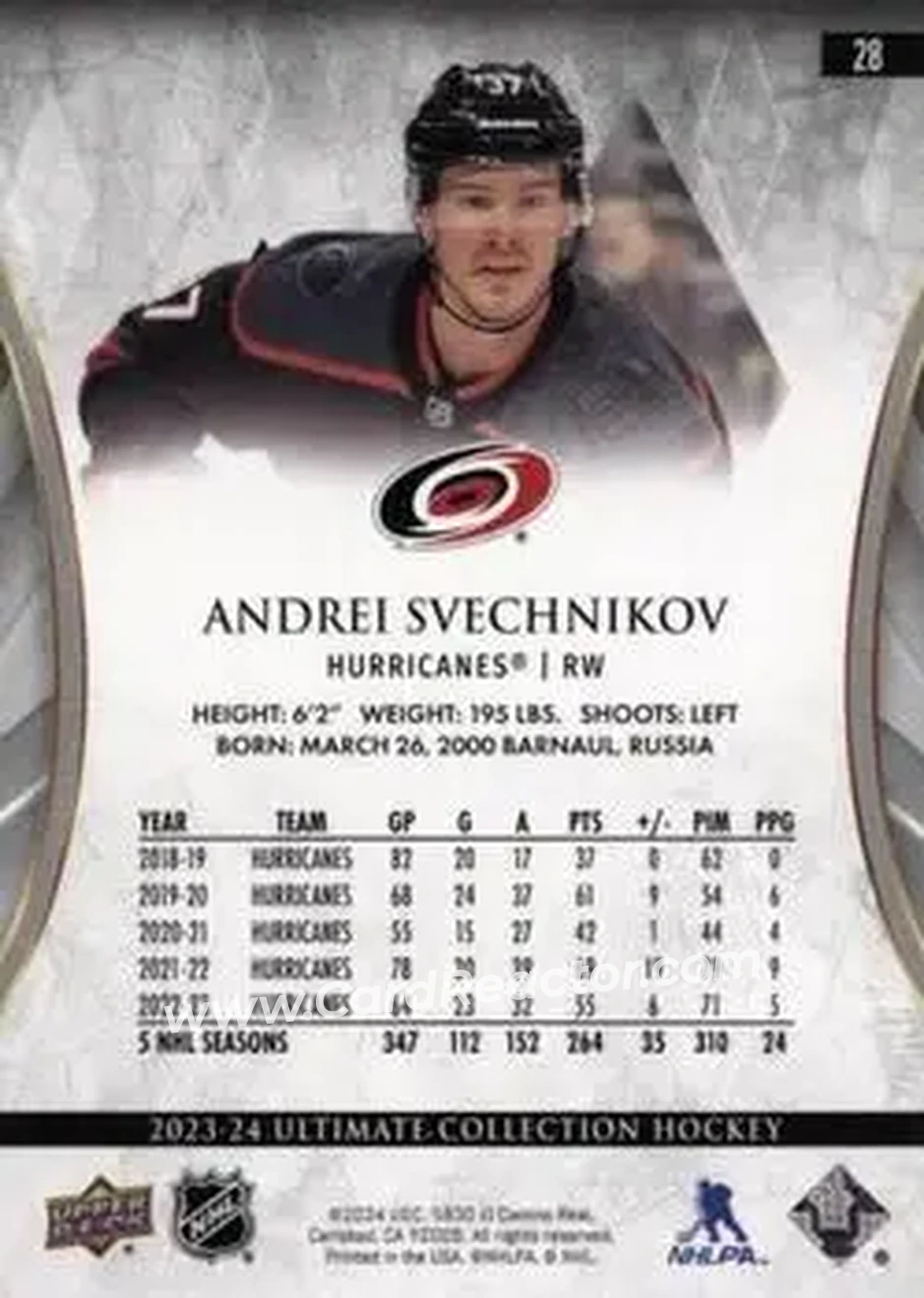 2023-24 Upper Deck Ultimate Collection - Gold #28 - Andrei Svechnikov - Carolina Hurricanes - Back 2023-24 Upper Deck Ultimate Collection - Gold #28 - Andrei Svechnikov - Carolina Hurricanes - Back