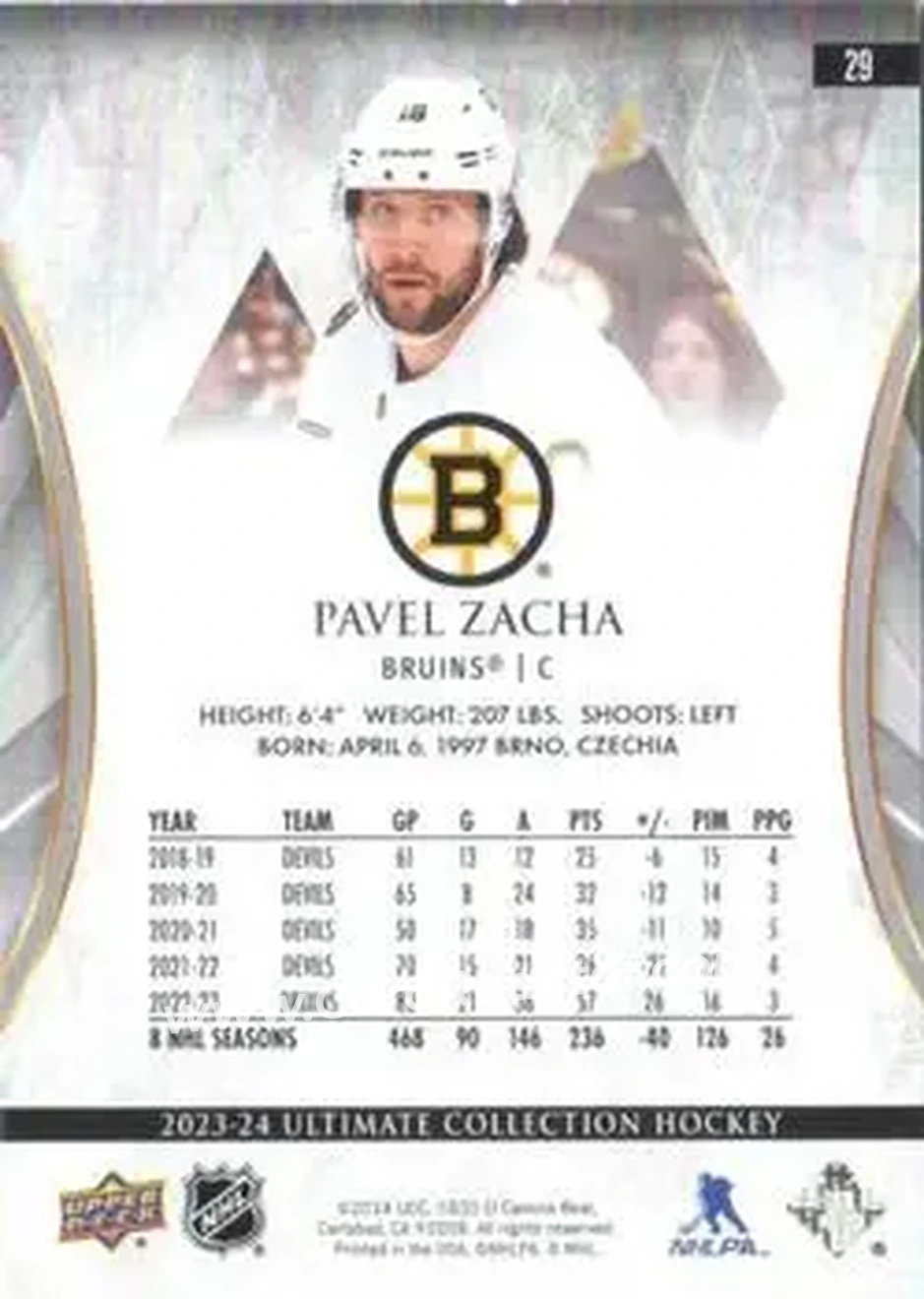 2023-24 Upper Deck Ultimate Collection - Gold #29 - Pavel Zacha - Boston Bruins - Back 2023-24 Upper Deck Ultimate Collection - Gold #29 - Pavel Zacha - Boston Bruins - Back