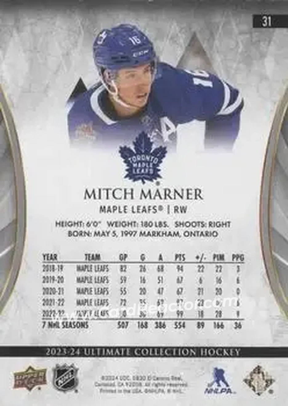 2023-24 Upper Deck Ultimate Collection - Gold #31 - Mitch Marner - Toronto Maple Leafs - Back