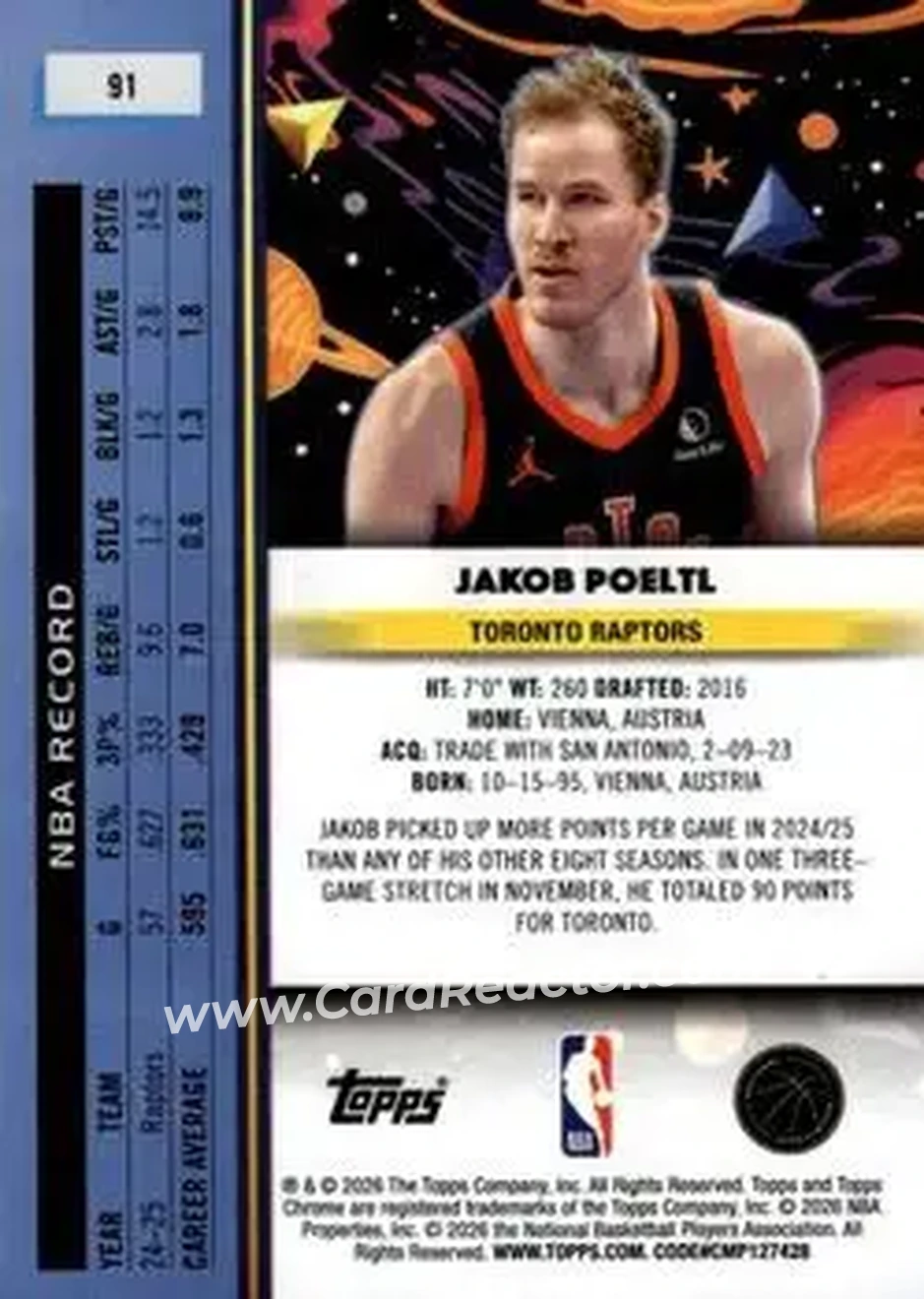 2025-26 Topps Chrome Cosmic #91 - Jakob Poeltl - Toronto Raptors - Back 2025-26 Topps Chrome Cosmic #91 - Jakob Poeltl - Toronto Raptors - Back