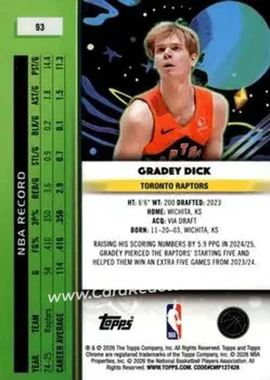 2025-26 Topps Chrome Cosmic #93 - Gradey Dick - Toronto Raptors - Back 2025-26 Topps Chrome Cosmic #93 - Gradey Dick - Toronto Raptors - Back